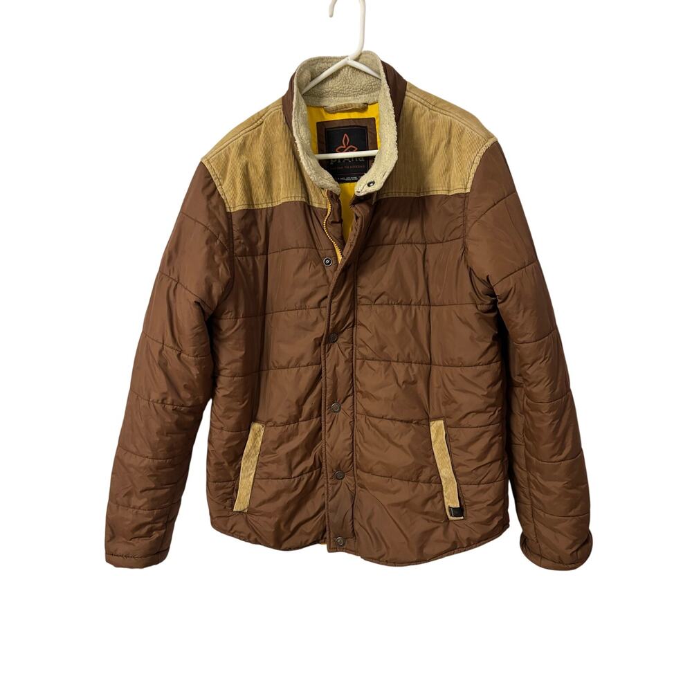 prAna Waylen Mens XL Puffer Jacket Quilted Corduroy Yoke Sherpa Collar Brown